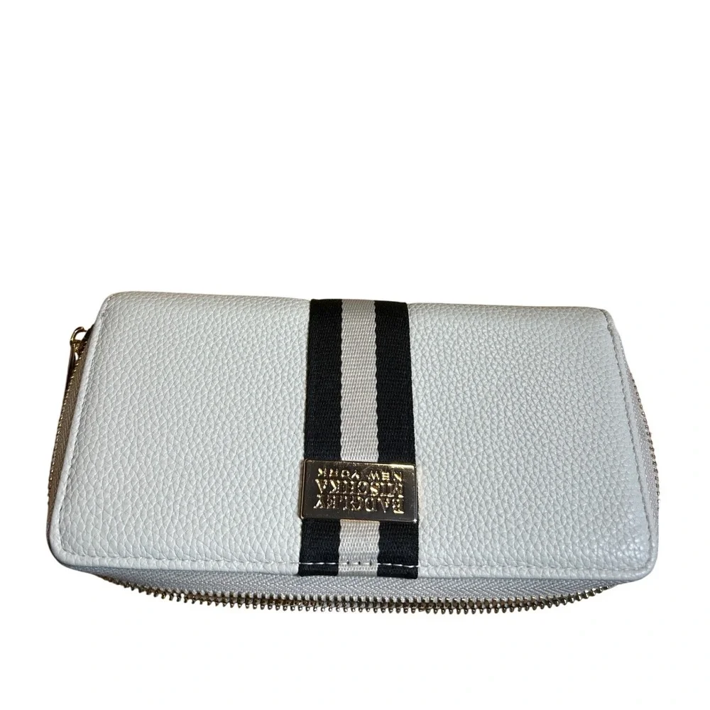 Badgley Mischka‎ New York White Black Stripe Zip Around Clutch Wallet Organizer